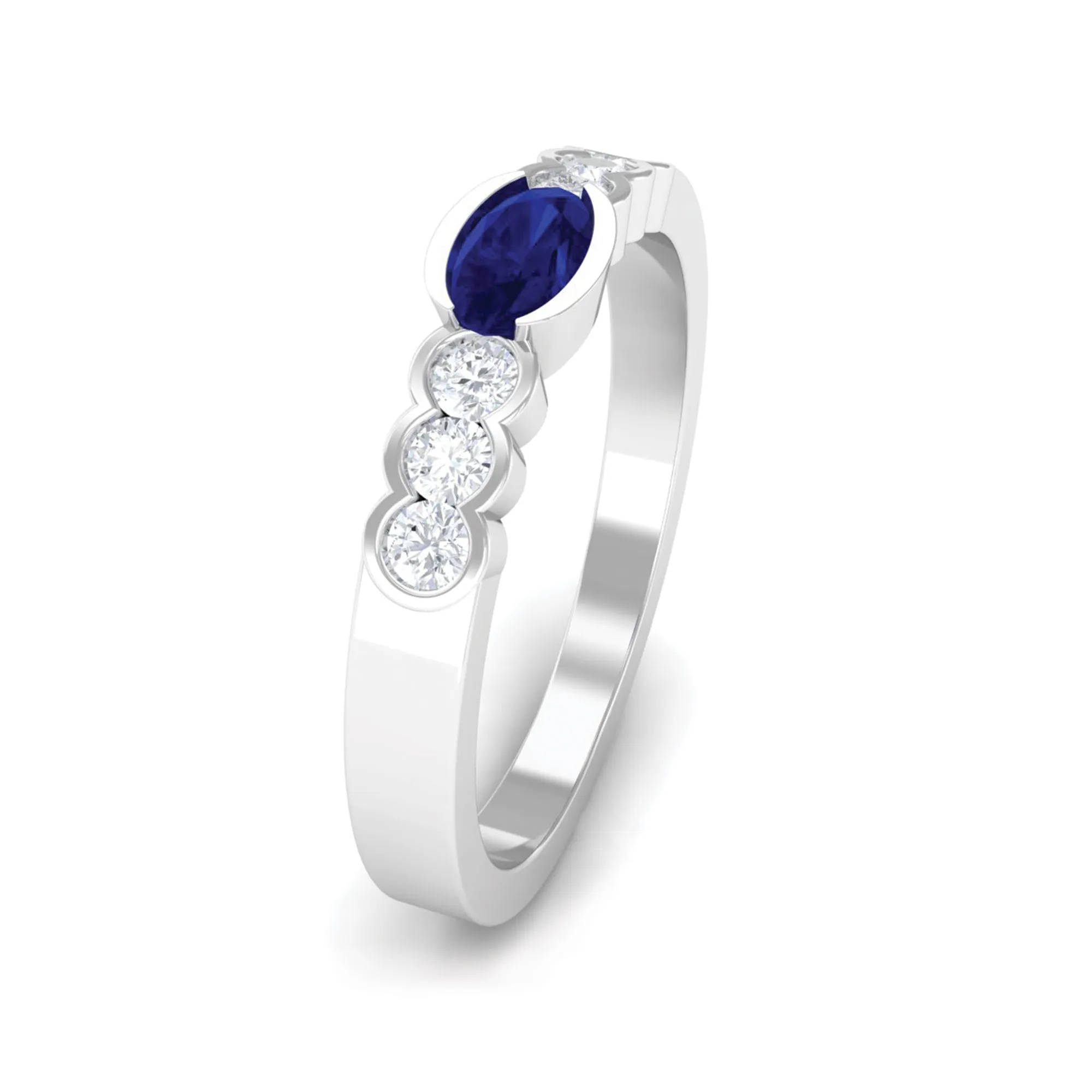 1/2 CT Oval Cut Blue Sapphire Solitaire Ring with Diamond Side Stones