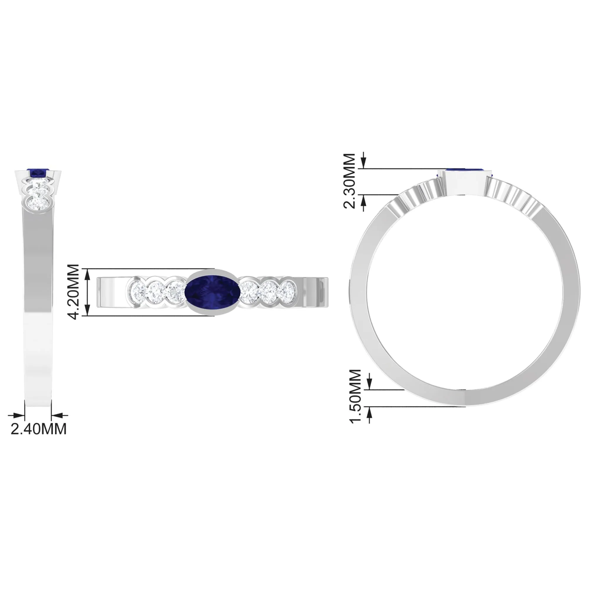 1/2 CT Oval Cut Blue Sapphire Solitaire Ring with Diamond Side Stones