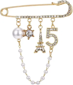 1PCS Brooch Pins for Women Vintage Rhinestone Pearl Lapel Decorative Jewelry Brooch Crystal Letters Gold Fashion Metal Clothes Hat Pins for Backpacks Shirt Ties Shawl Scarf Dress Charms