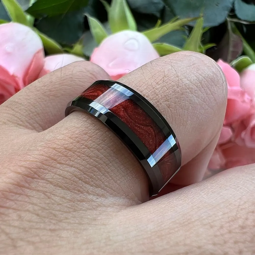 8mm Black Tungsten Rings for Men Women Flowing Sand Inlay Fashion Engagement Promise Wedding Band Beveled Polished Shiny Comfort Fit
