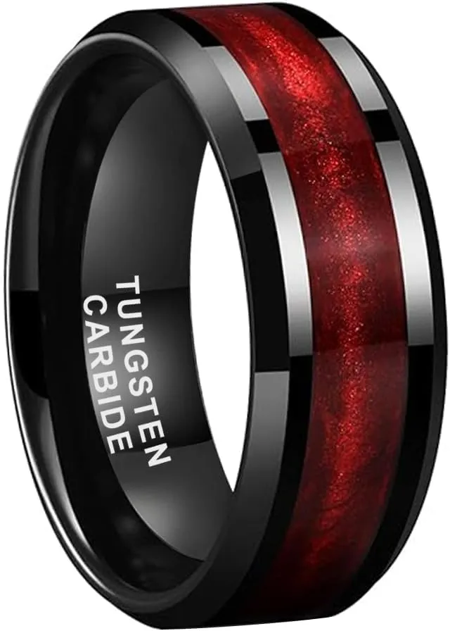 8mm Black Tungsten Rings for Men Women Flowing Sand Inlay Fashion Engagement Promise Wedding Band Beveled Polished Shiny Comfort Fit