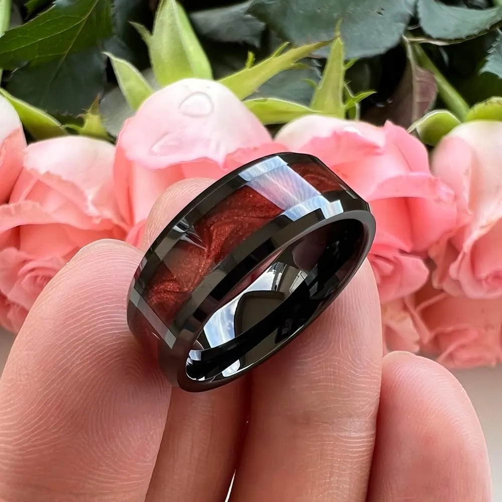 8mm Black Tungsten Rings for Men Women Flowing Sand Inlay Fashion Engagement Promise Wedding Band Beveled Polished Shiny Comfort Fit