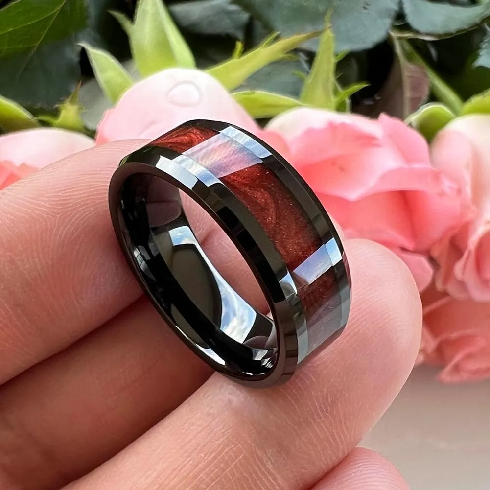8mm Black Tungsten Rings for Men Women Flowing Sand Inlay Fashion Engagement Promise Wedding Band Beveled Polished Shiny Comfort Fit