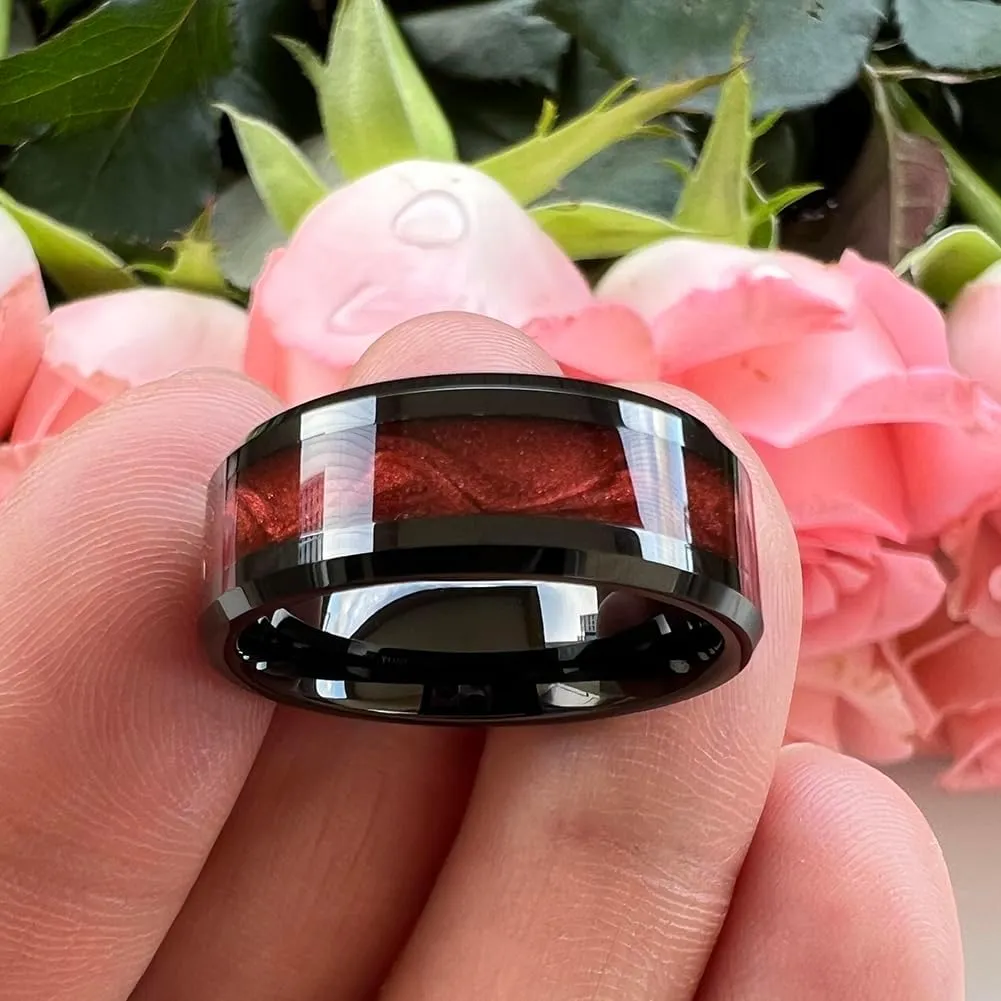 8mm Black Tungsten Rings for Men Women Flowing Sand Inlay Fashion Engagement Promise Wedding Band Beveled Polished Shiny Comfort Fit