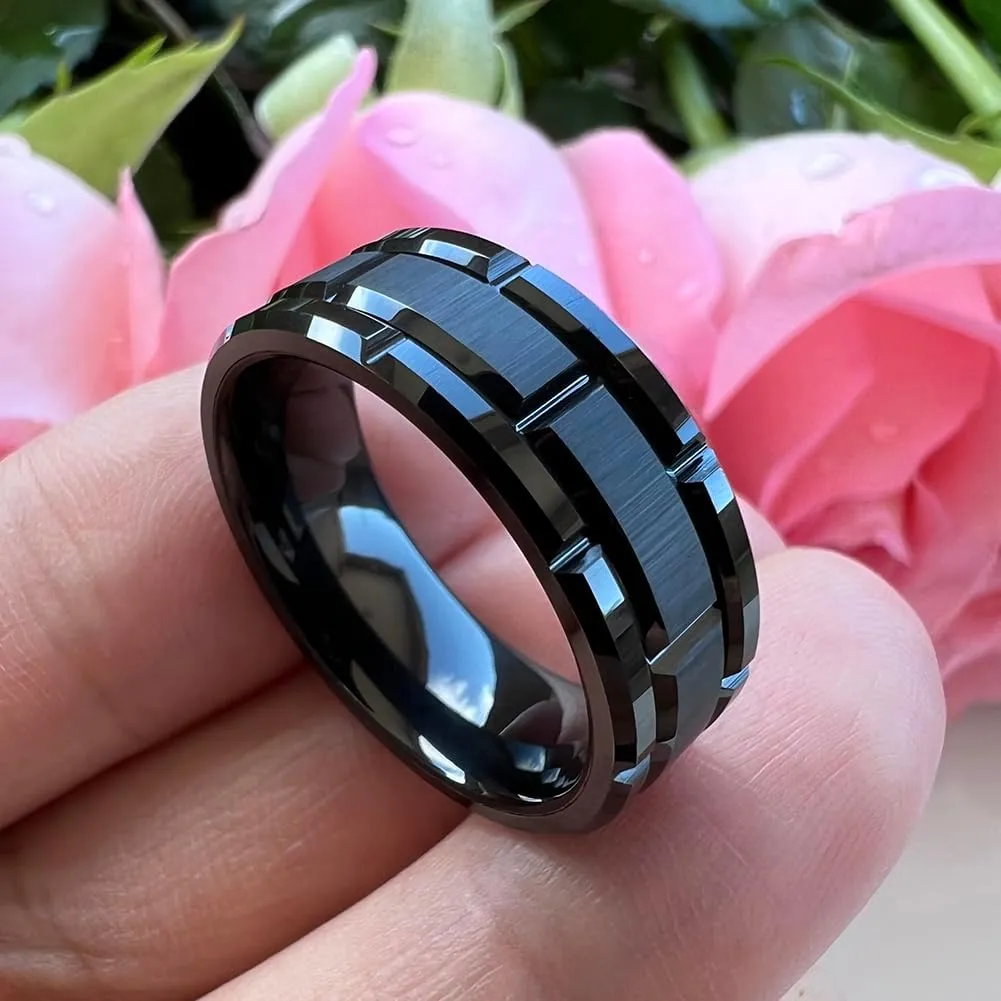 8mm Silver/Black/Gold Tungsten Rings for Men Women Promise Engagement Wedding Band Brick Pattern Brushed Center Comfort Fit