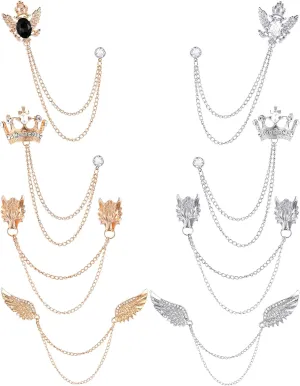 8Pcs Tassel Chain Brooch Collar Pins Wings Wolf Crown Eagle Lapel Pins for Men Vintage Rhinestone Suit Coat Shirt Brooches Pin Accessories for Wedding Gold Sliver Tone