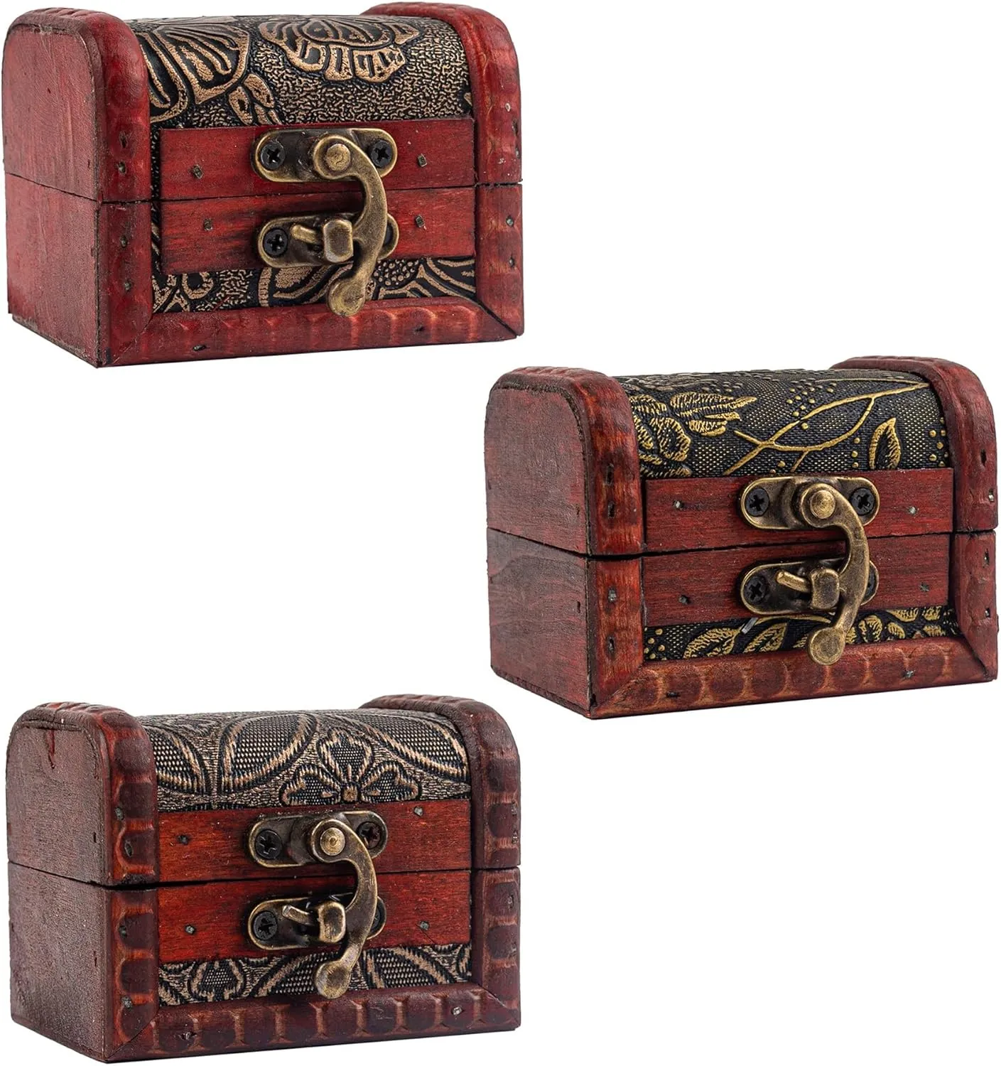 AUEAR, 3 Pack Vintage Jewelry Boxes Small Treasure Chest Wooden Rings Case with Lock for Storing (Style B)