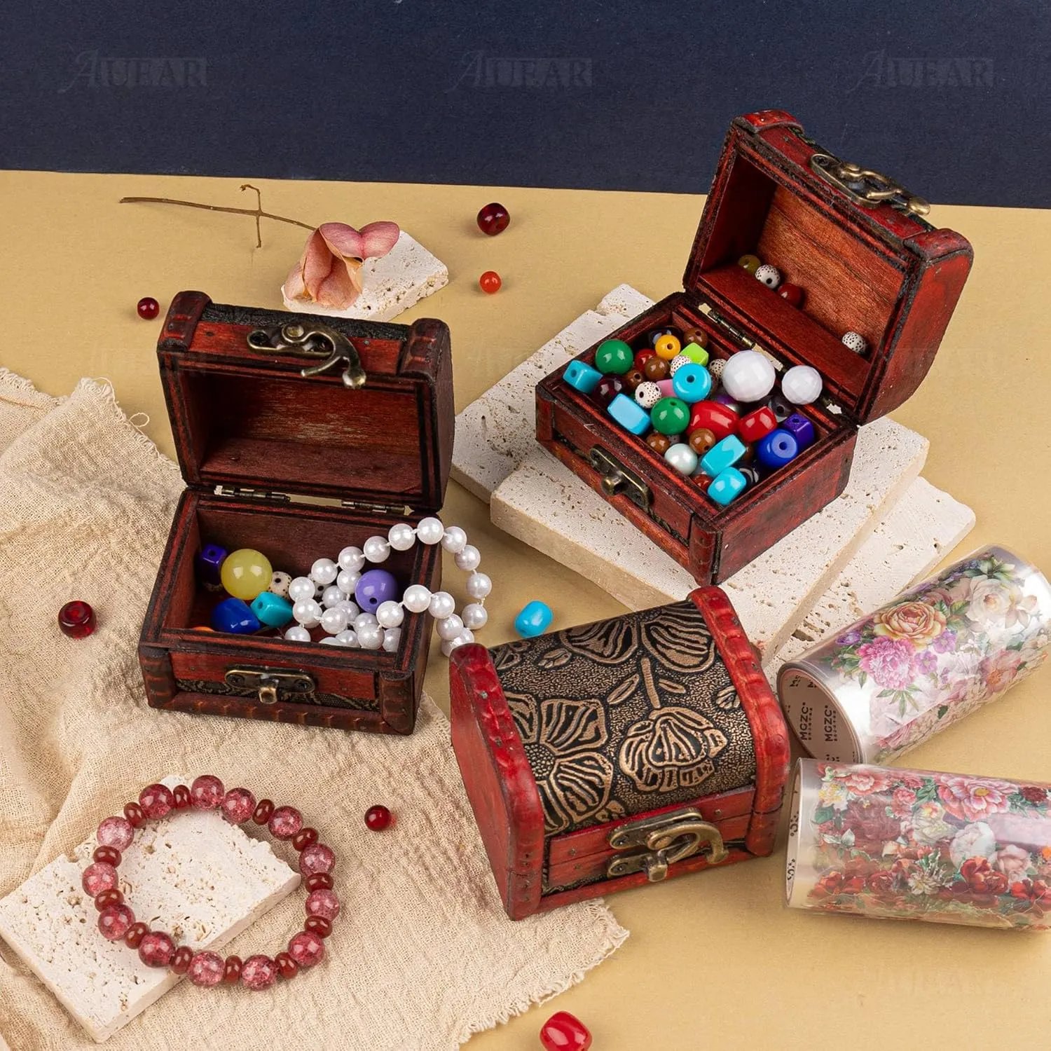 AUEAR, 3 Pack Vintage Jewelry Boxes Small Treasure Chest Wooden Rings Case with Lock for Storing (Style B)