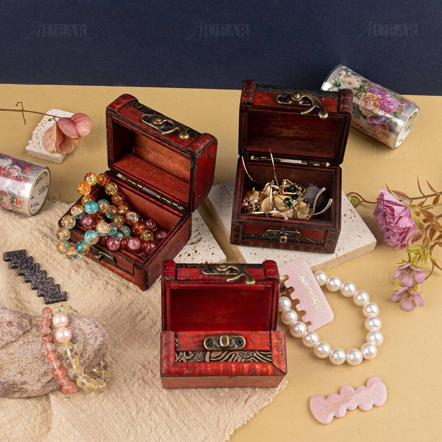 AUEAR, 3 Pack Vintage Jewelry Boxes Small Treasure Chest Wooden Rings Case with Lock for Storing (Style B)