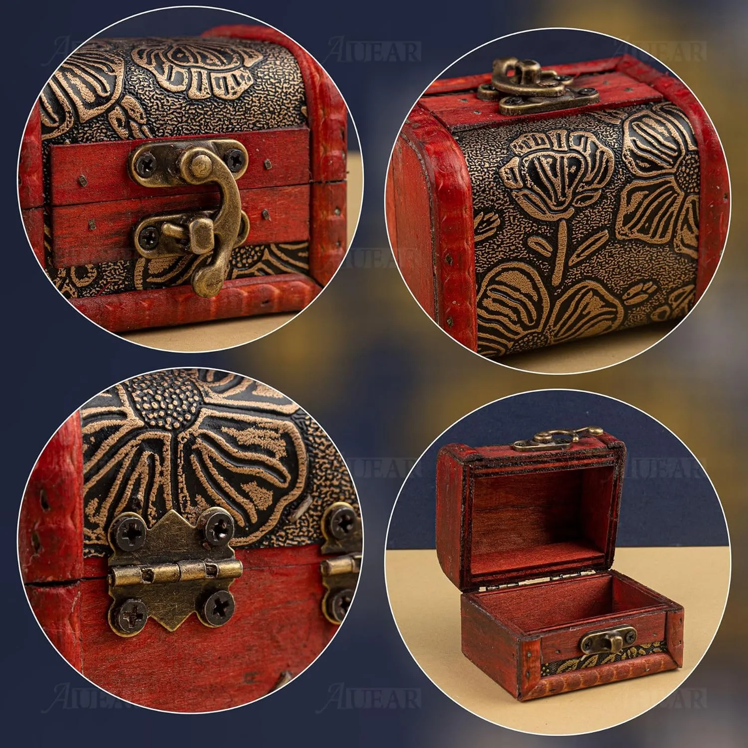 AUEAR, 3 Pack Vintage Jewelry Boxes Small Treasure Chest Wooden Rings Case with Lock for Storing (Style B)