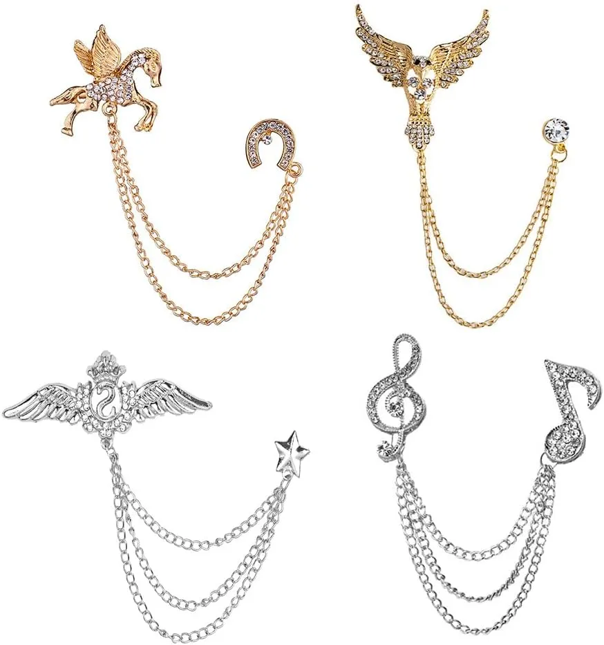 Chamvino 4PCS British style crown brooch Men's suit chain pins Retro badge corsages Punk tassel chain Ladies corsage accessories Sophisticated Suit Badge