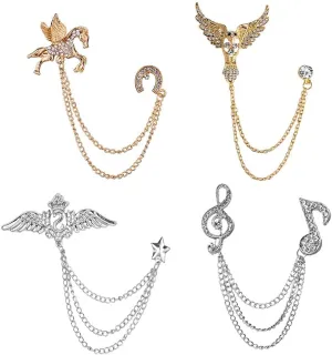 Chamvino 4PCS British style crown brooch Men's suit chain pins Retro badge corsages Punk tassel chain Ladies corsage accessories Sophisticated Suit Badge