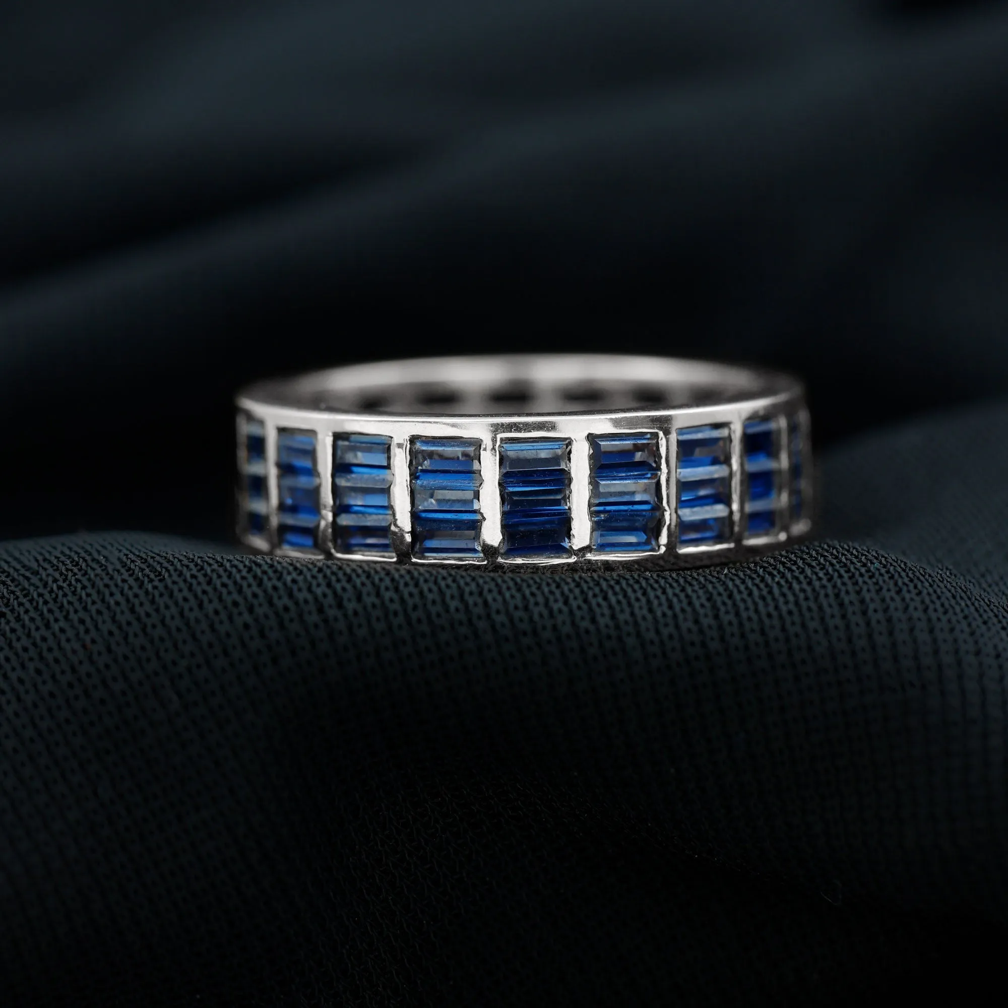 Channel Set Lab Grown Blue Sapphire Wide Eternity Band Ring