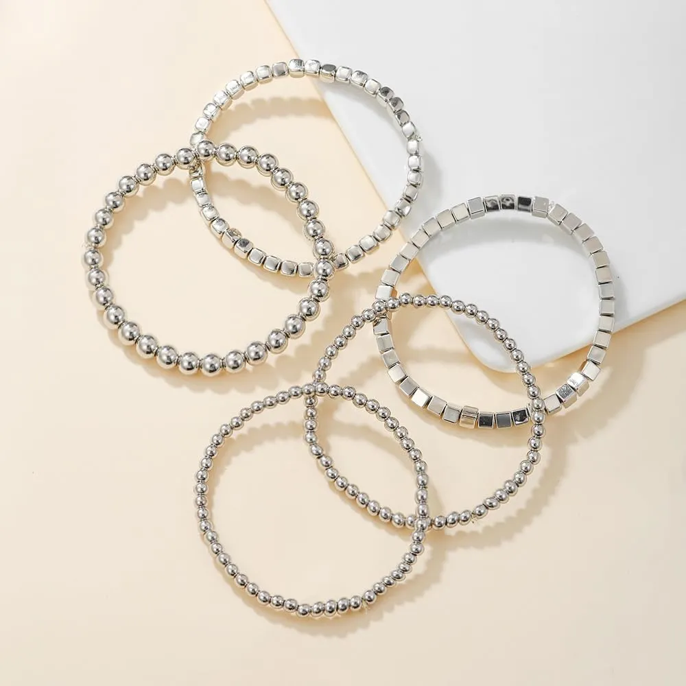 CSIYANJRY99 Silver Beaded Bracelets for Women Gold Stackable Stretch Bead Bracelet Set Beads Bracelet Stack Pack Hand Jewelry