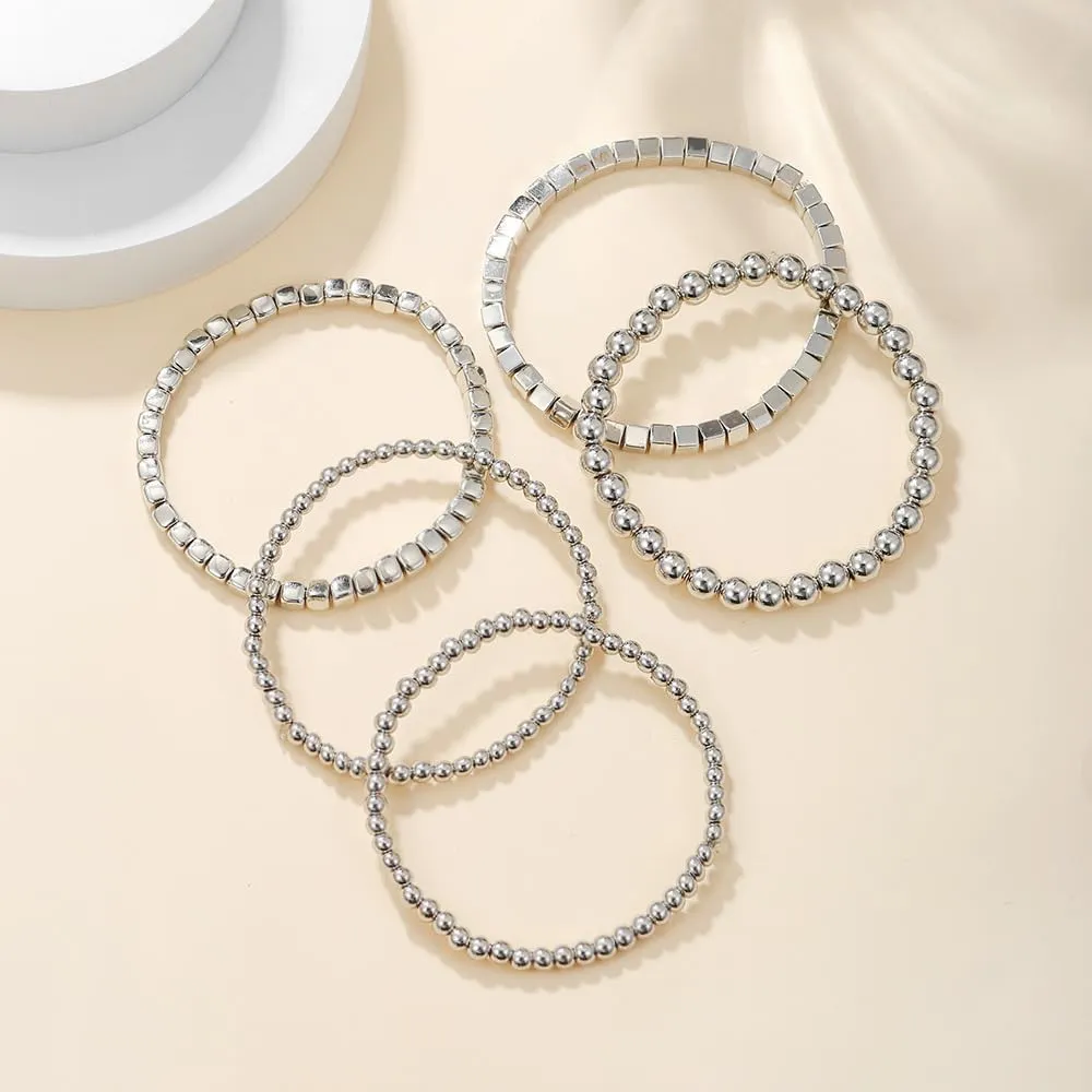CSIYANJRY99 Silver Beaded Bracelets for Women Gold Stackable Stretch Bead Bracelet Set Beads Bracelet Stack Pack Hand Jewelry