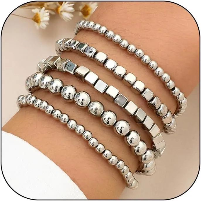 CSIYANJRY99 Silver Beaded Bracelets for Women Gold Stackable Stretch Bead Bracelet Set Beads Bracelet Stack Pack Hand Jewelry