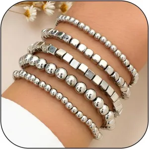 CSIYANJRY99 Silver Beaded Bracelets for Women Gold Stackable Stretch Bead Bracelet Set Beads Bracelet Stack Pack Hand Jewelry