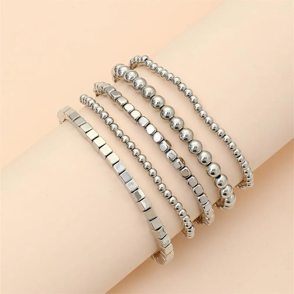 CSIYANJRY99 Silver Beaded Bracelets for Women Gold Stackable Stretch Bead Bracelet Set Beads Bracelet Stack Pack Hand Jewelry