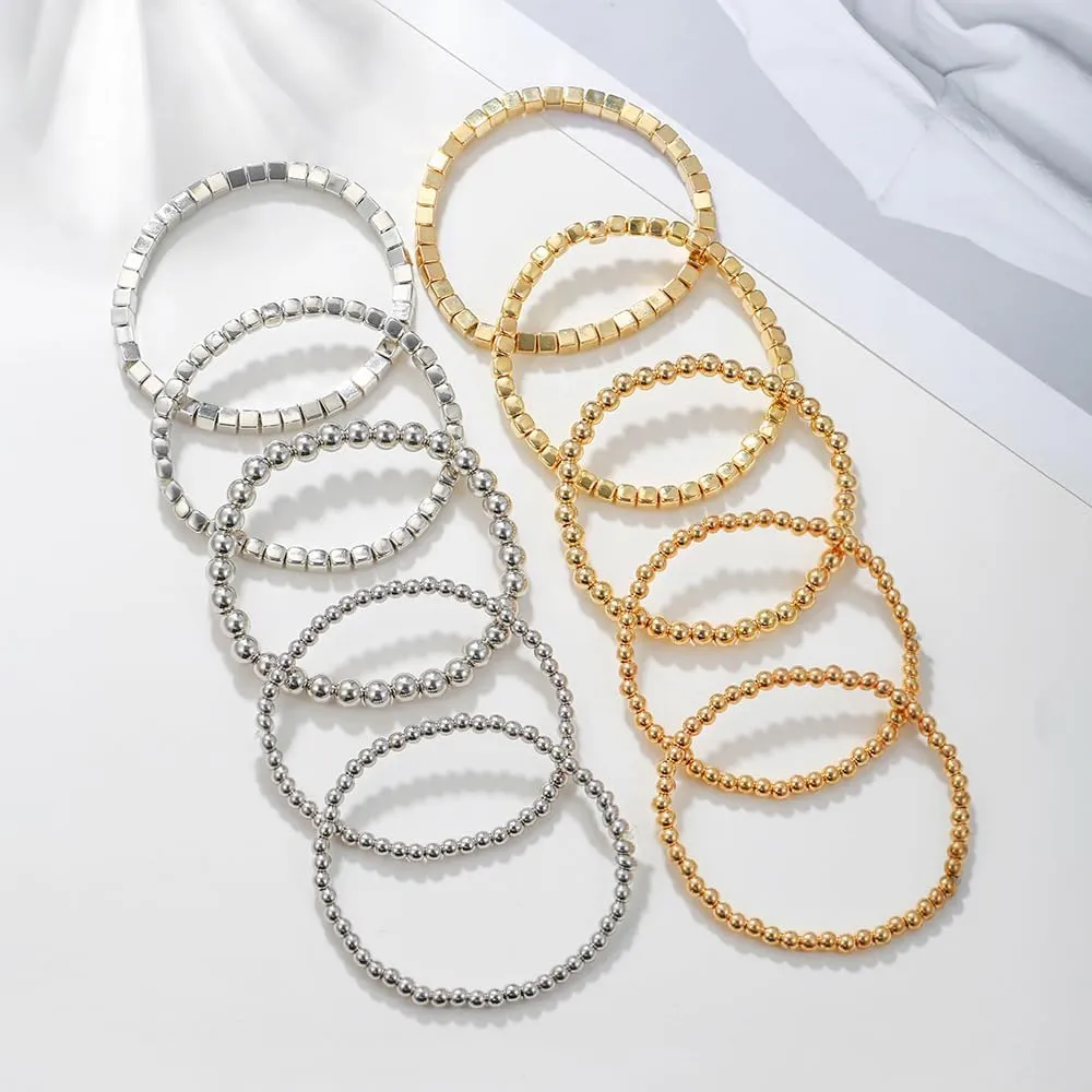 CSIYANJRY99 Silver Beaded Bracelets for Women Gold Stackable Stretch Bead Bracelet Set Beads Bracelet Stack Pack Hand Jewelry