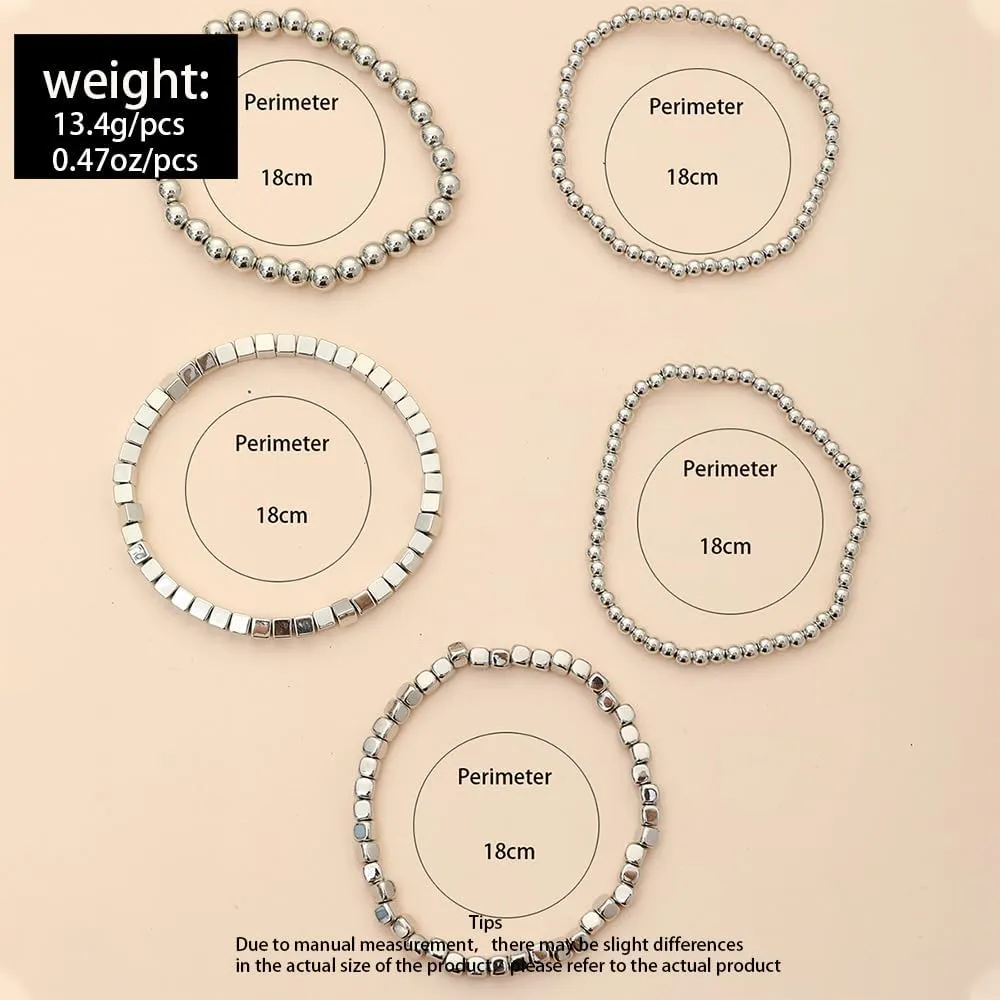 CSIYANJRY99 Silver Beaded Bracelets for Women Gold Stackable Stretch Bead Bracelet Set Beads Bracelet Stack Pack Hand Jewelry