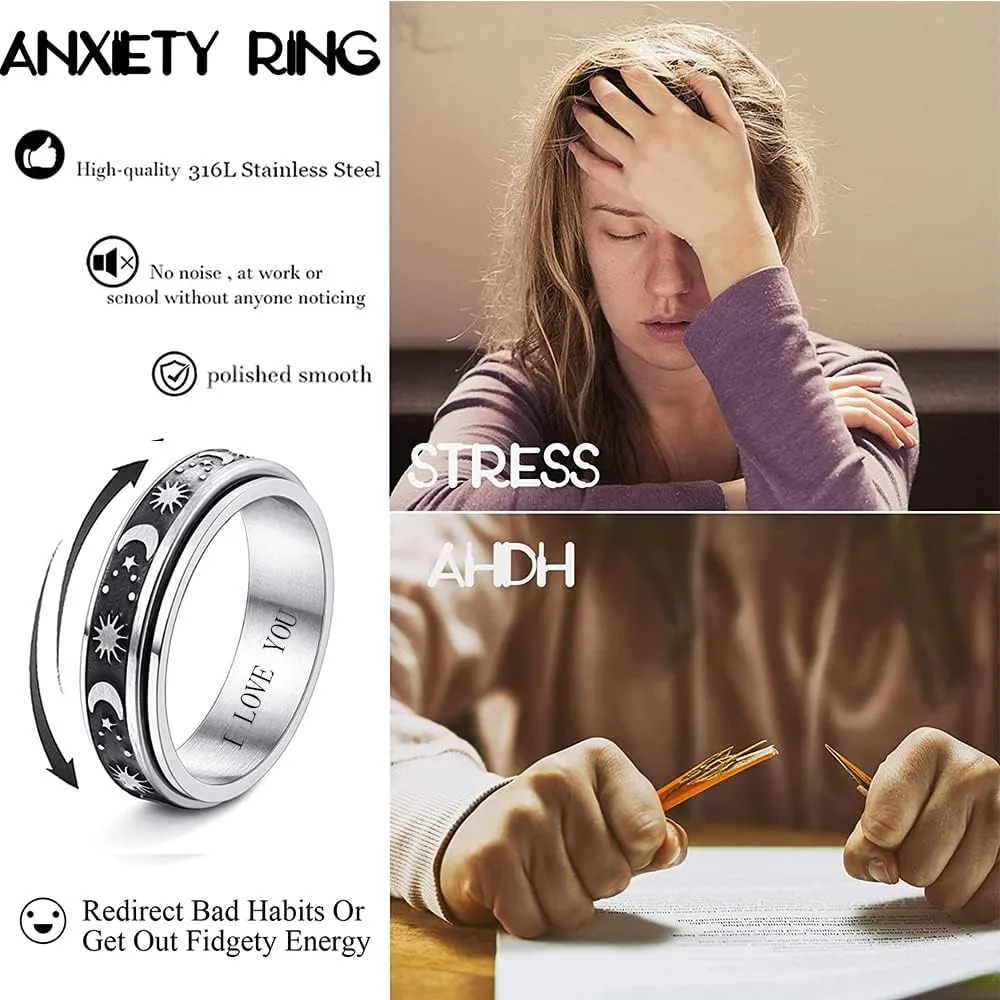 Custom Engraving Sun Moon and Star Spinner Fidget Ring Silver for Anxiety for Men Women,Titanium Stainless Steel Spinner Ring for Anxiety Women Engagement Wedding Promise Ring Size 6-12