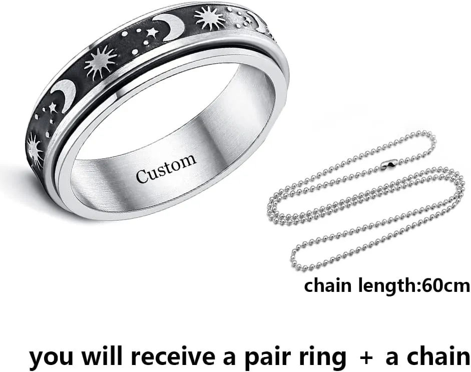 Custom Engraving Sun Moon and Star Spinner Fidget Ring Silver for Anxiety for Men Women,Titanium Stainless Steel Spinner Ring for Anxiety Women Engagement Wedding Promise Ring Size 6-12