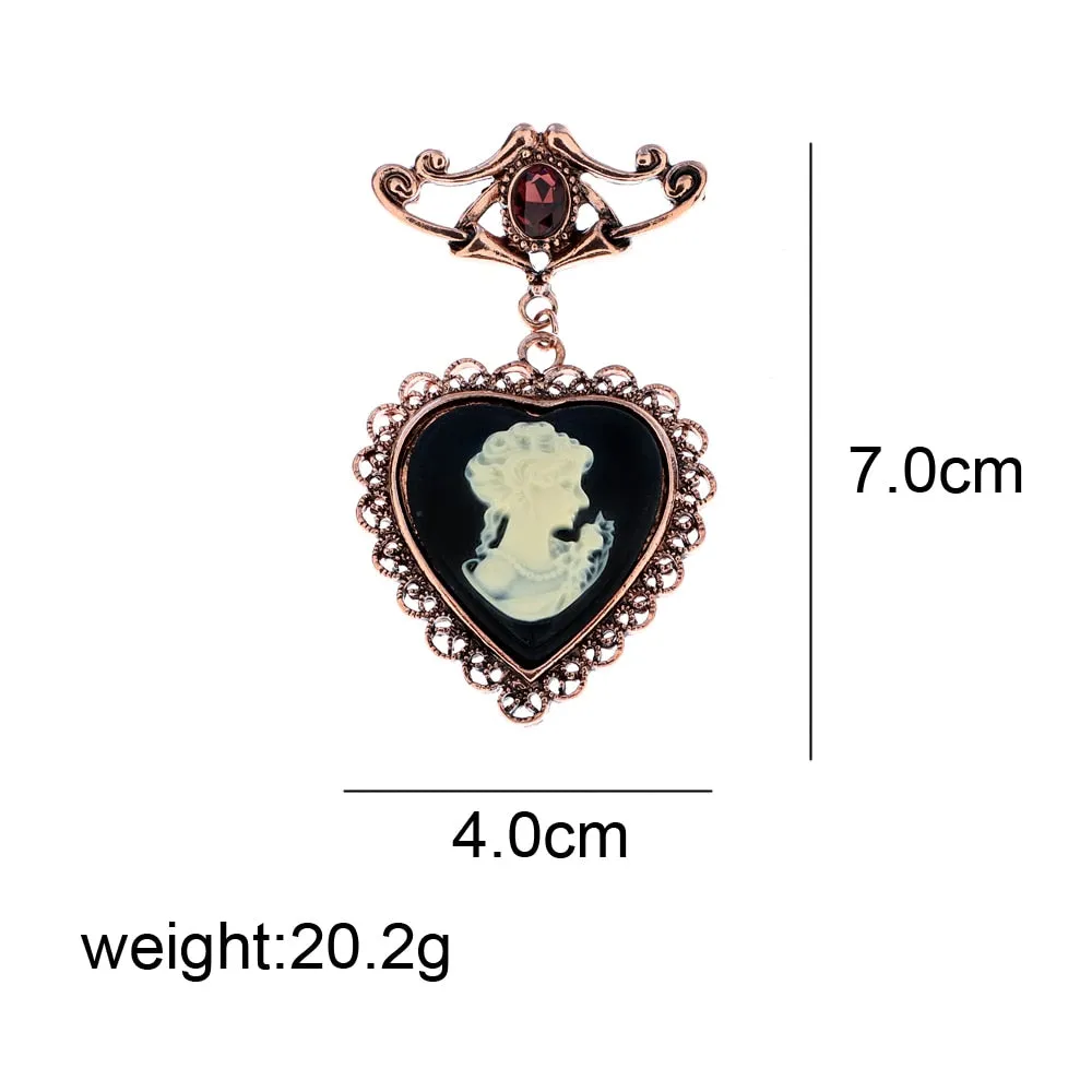 Heart Beauty Head Pin For Women Vintage Fashion Embossed Brooch