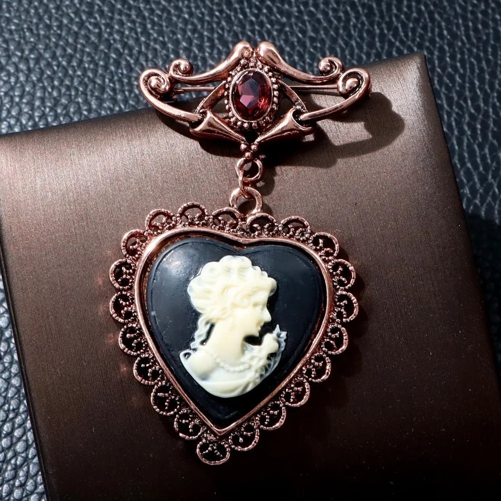 Heart Beauty Head Pin For Women Vintage Fashion Embossed Brooch
