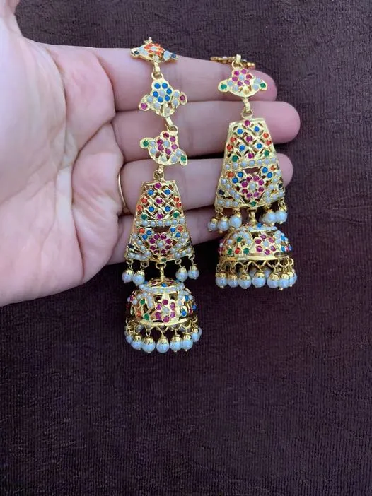 Hydrabadi Jaddau Navratan Earrings in gold finish