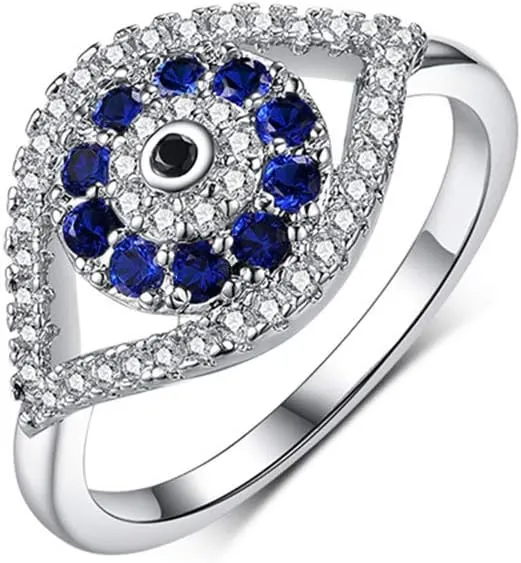 OIDIMS Blue Turkish Evil Eye Cubic Zirconia Rings for Women Men Dainty Band Sterling Silver Plated Stacking Middle Finger Elegant Sparkly Crystal Fashion Good Luck Amulet Protection Jewelry Birthday