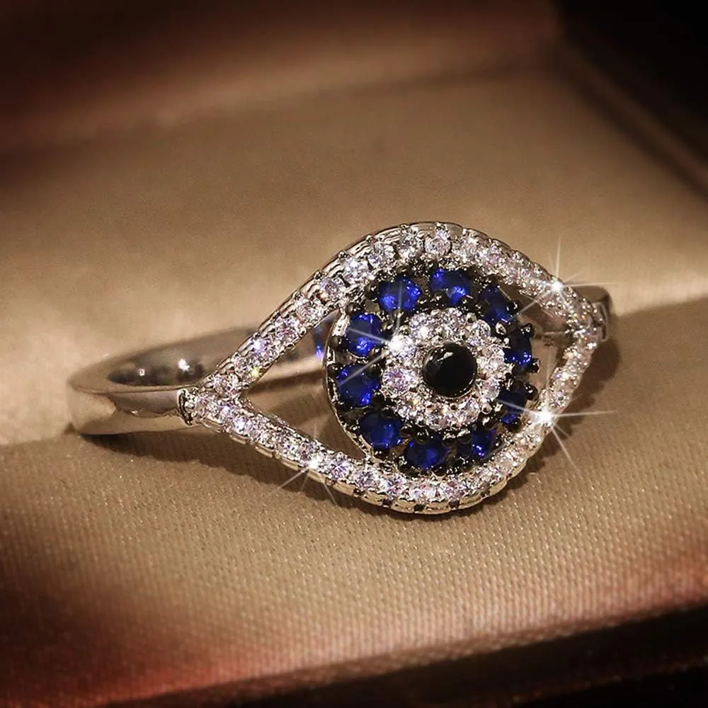 OIDIMS Blue Turkish Evil Eye Cubic Zirconia Rings for Women Men Dainty Band Sterling Silver Plated Stacking Middle Finger Elegant Sparkly Crystal Fashion Good Luck Amulet Protection Jewelry Birthday