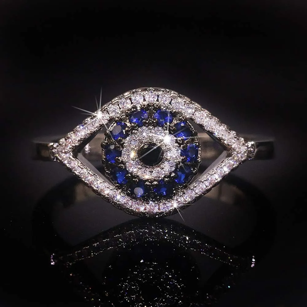 OIDIMS Blue Turkish Evil Eye Cubic Zirconia Rings for Women Men Dainty Band Sterling Silver Plated Stacking Middle Finger Elegant Sparkly Crystal Fashion Good Luck Amulet Protection Jewelry Birthday