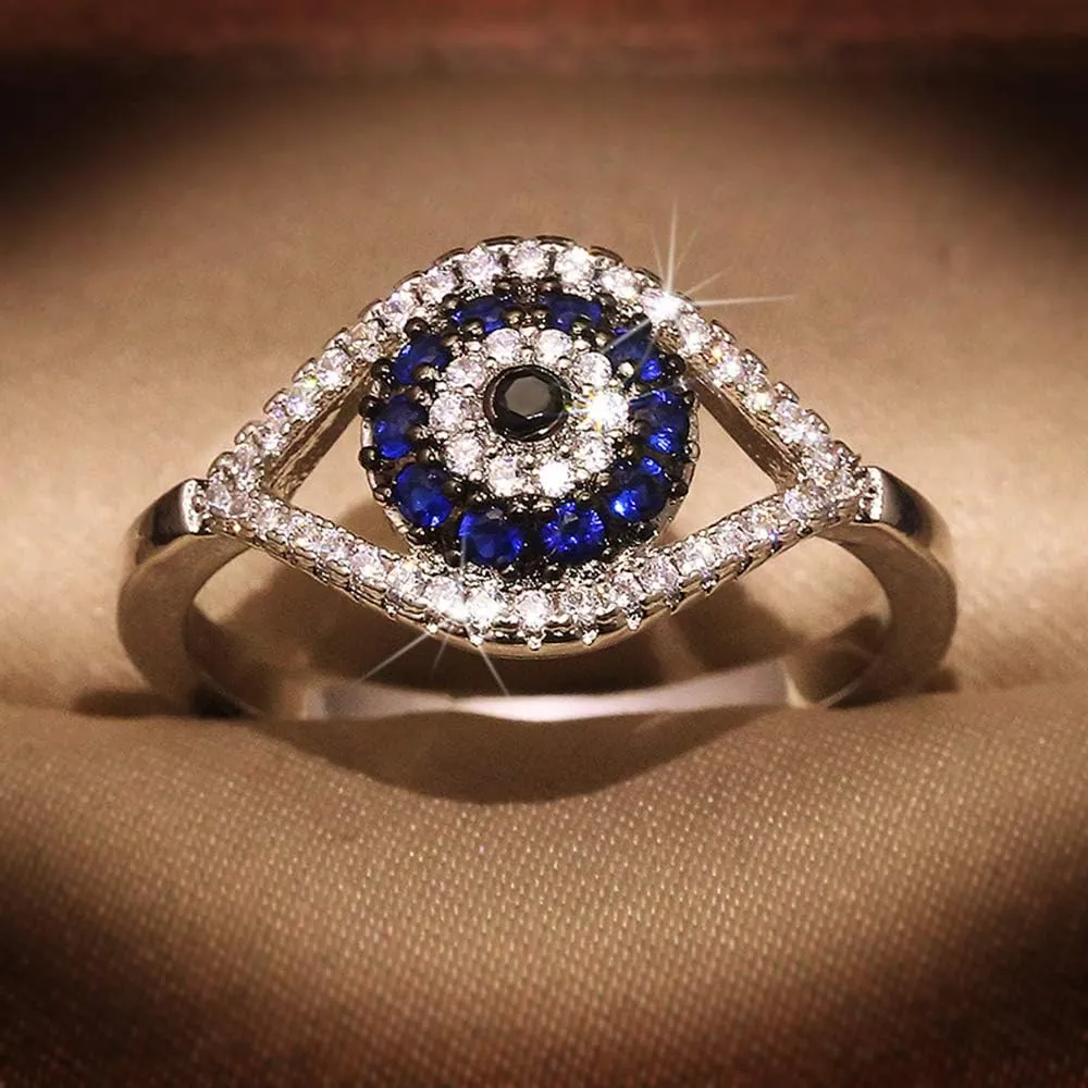 OIDIMS Blue Turkish Evil Eye Cubic Zirconia Rings for Women Men Dainty Band Sterling Silver Plated Stacking Middle Finger Elegant Sparkly Crystal Fashion Good Luck Amulet Protection Jewelry Birthday