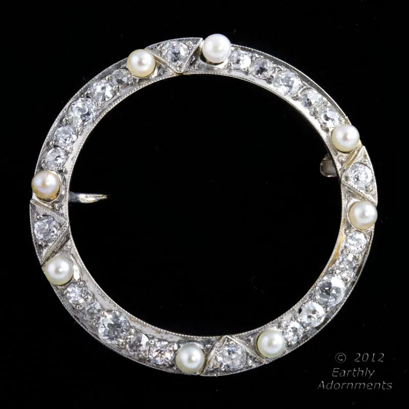 Platinum pearl and diamond art deco pin with approximately 3/4 ct of diamonds 1-1/4 inches. pnfn116e