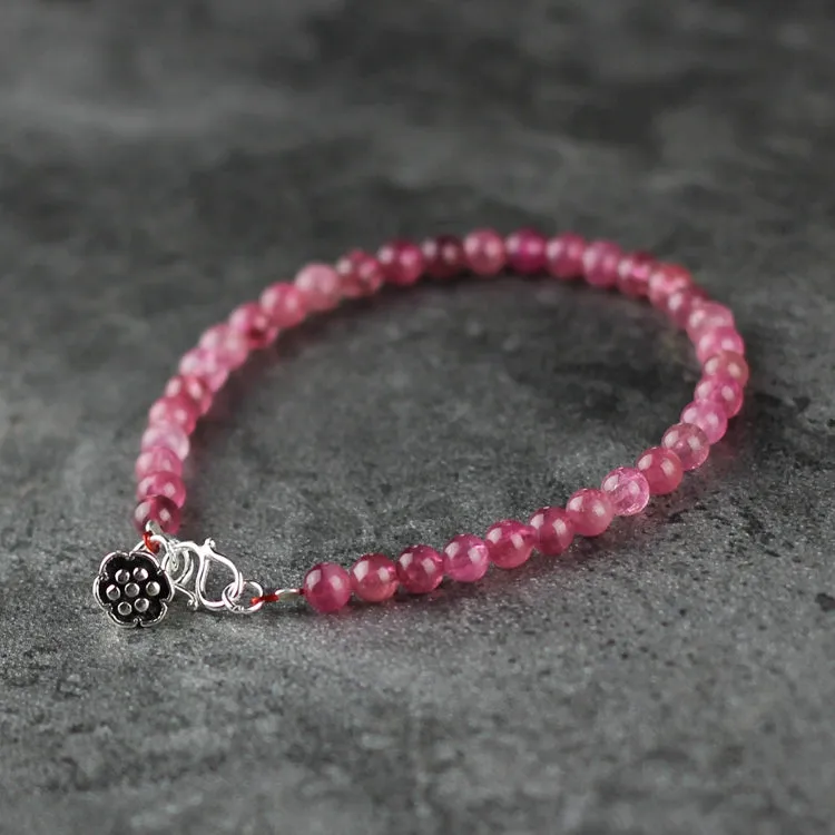Red Tourmaline Tiny Bead Bracelet in Sterling Silver Handmade Jewelry Accessories Women