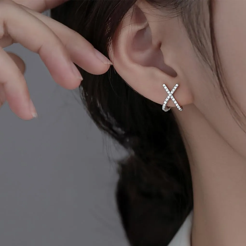 Rhinestone Statement Cuff Piercing Stud Earrings for Women Sparkly CZ X Criss-Cross Wraps Earrings Geometry Huggie Hoops Earrings Jewelry Accessories