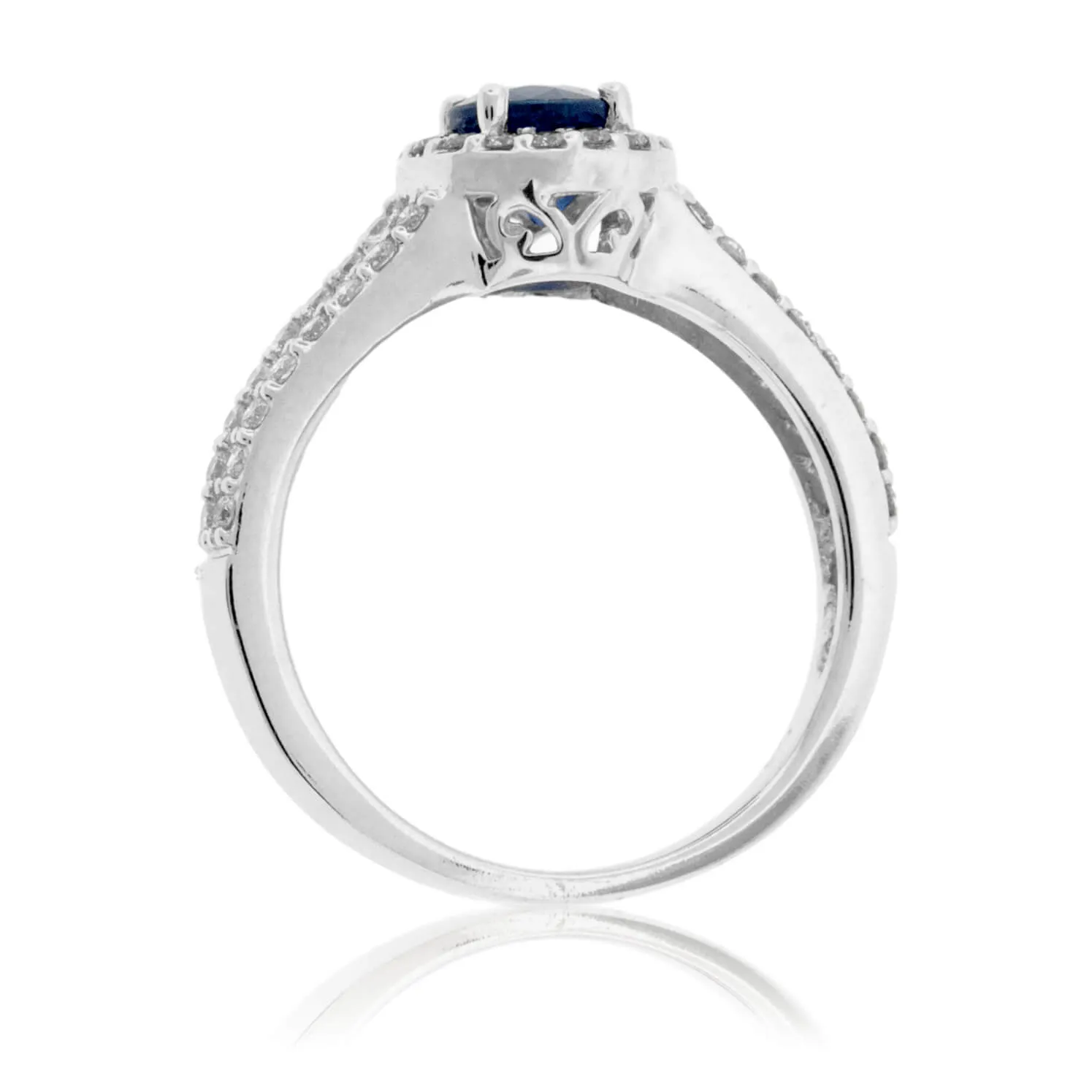 Round Blue Sapphire & Diamond Halo Split Shank Ring