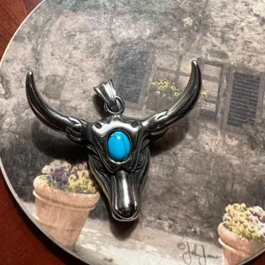 Sterling Silver BullHead with Turquoise Stone Pendant