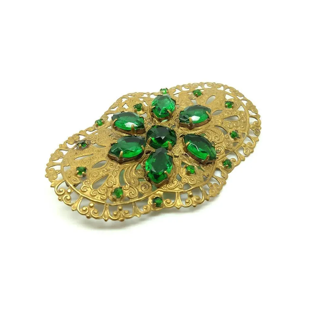 Vintage 1930s Bohemian Emerald Green Czech Brooch