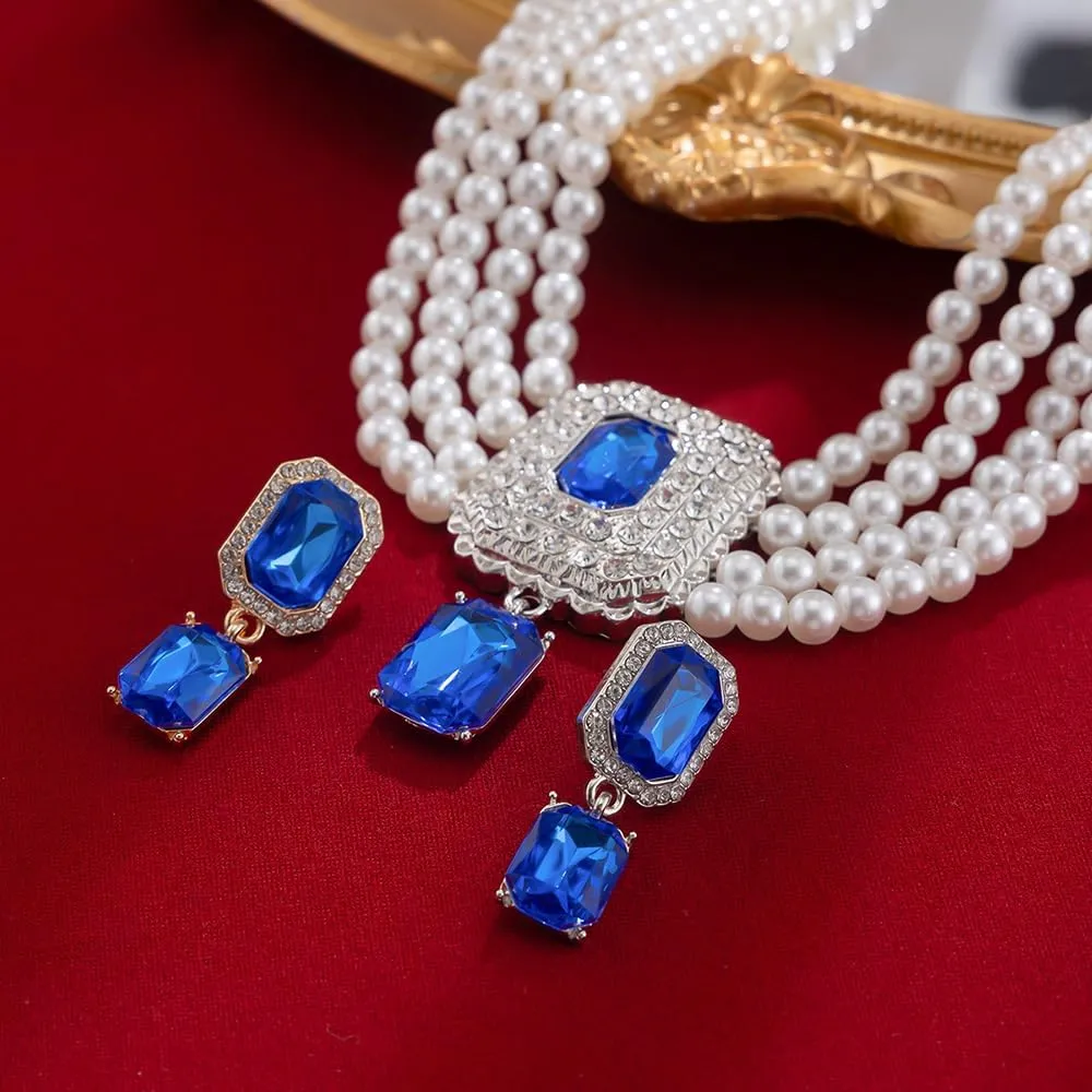 Women Boho 1920s Pearls Choker Necklaces Earrings Set Gold Silver Green Pearls Layered Choker Necklaces Black Multilayer Rhinestones Layering Necklaces for Women